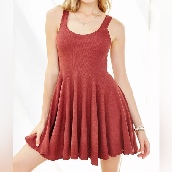 BDG Red Racerback Penelope Waffle Knit Fit + Flare Dress - Picture 1 of 10